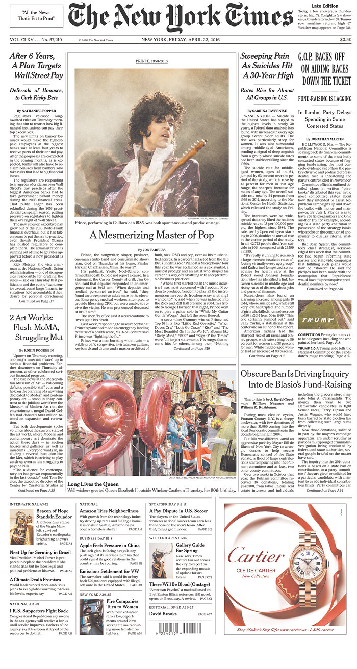 ‘Purple reign’: Here’s how the 10 biggest U.S. papers covered Prince’s death