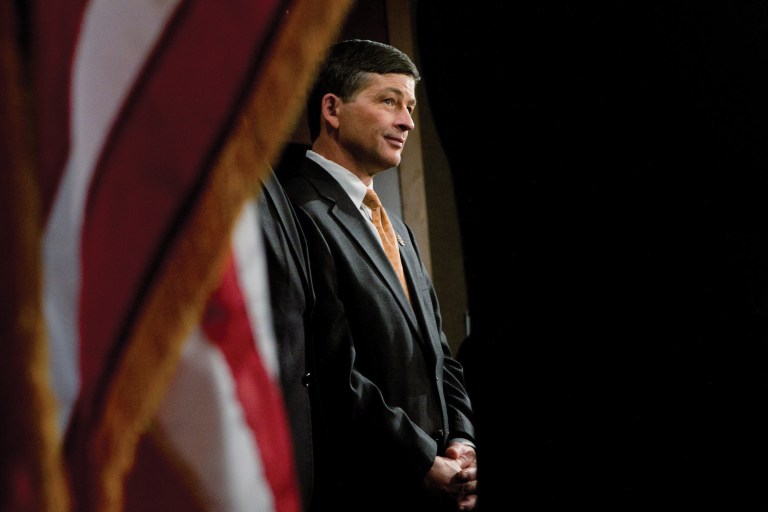 Rep. Jeb Hensarling listens during a news conference on Fannie Mae and Freddie Mac in the U.S. Capitol in Washington. (Photo by Brendan Hoffman/Getty Images)