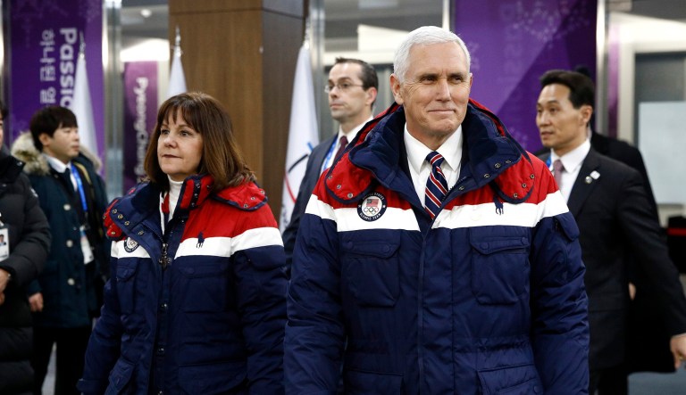 Vice President Mike Pence and second lady Karen Pence attended the opening ceremony of the 2018 Winter Olympics in Pyeongchang, South Korea. Pence was slammed by outlets for sitting during the Korean delegation's entrance, comparing him to former NFL quarterback Colin Kaepernick over the national anthem protests. (AP Photo/Patrick Semansky, Pool)