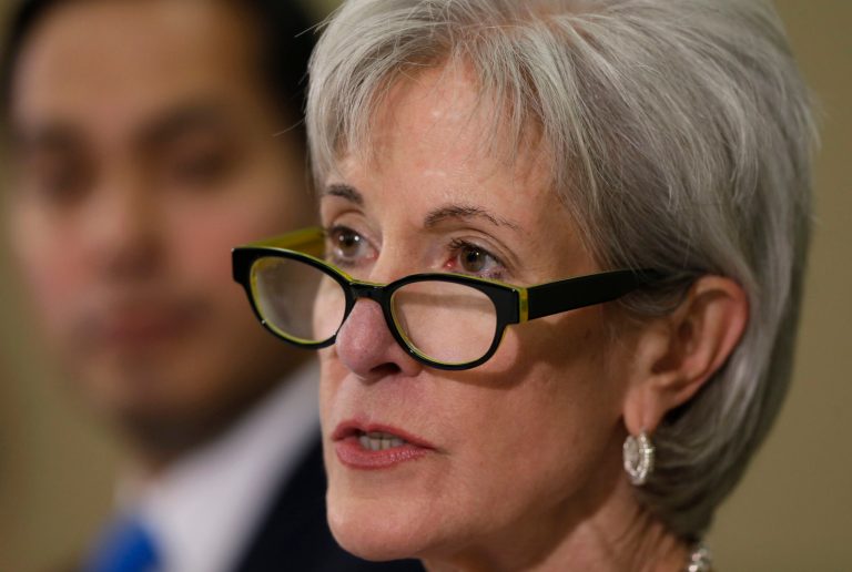 Health and Human Services Secretary Kathleen Sebelius, right, with San Antonio Mayor Julion Castro, left, takes part in a panel to answer questions about the Affordable Care Act enrollment, Friday, Oct. 25, 2013, in San Antonio. (AP Photo/Eric Gay)