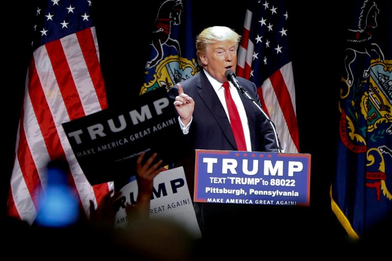 According to a new poll, Republican presidential candidate Donald Trump holds a substantial lead in Pennsylvania less than two weeks until the state's primary. (AP Photo/Keith Srakocic)