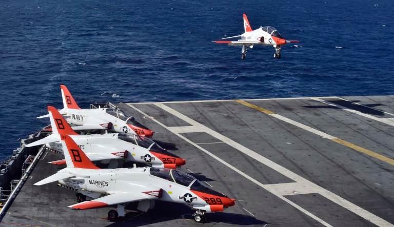 The Navy will resume training flights in its T-45 Goshawk jets in July after they were grounded due to oxygen deprivation incidents, according to the commander of Naval Air Forces. (U.S. Navy photo by Mass Communication Specialist 3rd Class Jameson E. Lynch/Released)