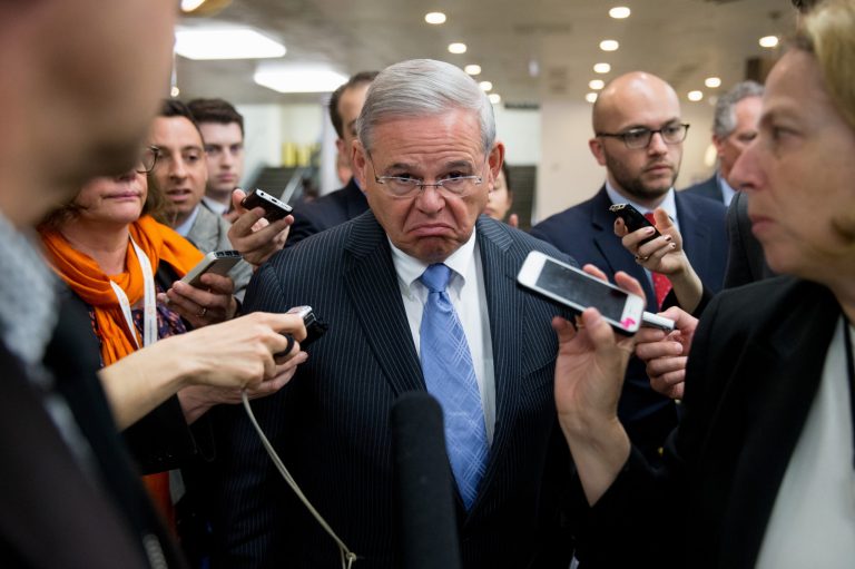 Sen. Bob Menendez, D-N.J., speaks with reporters on Capitol Hill in Washington, Tuesday, April 14, 2015.