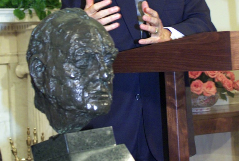 President Trump has returned a bust of former British Prime Minister Winston Churchill to the Oval Office, which had been removed by his predecessor in 2009. (AP Photo/J. Scott Applewhite)