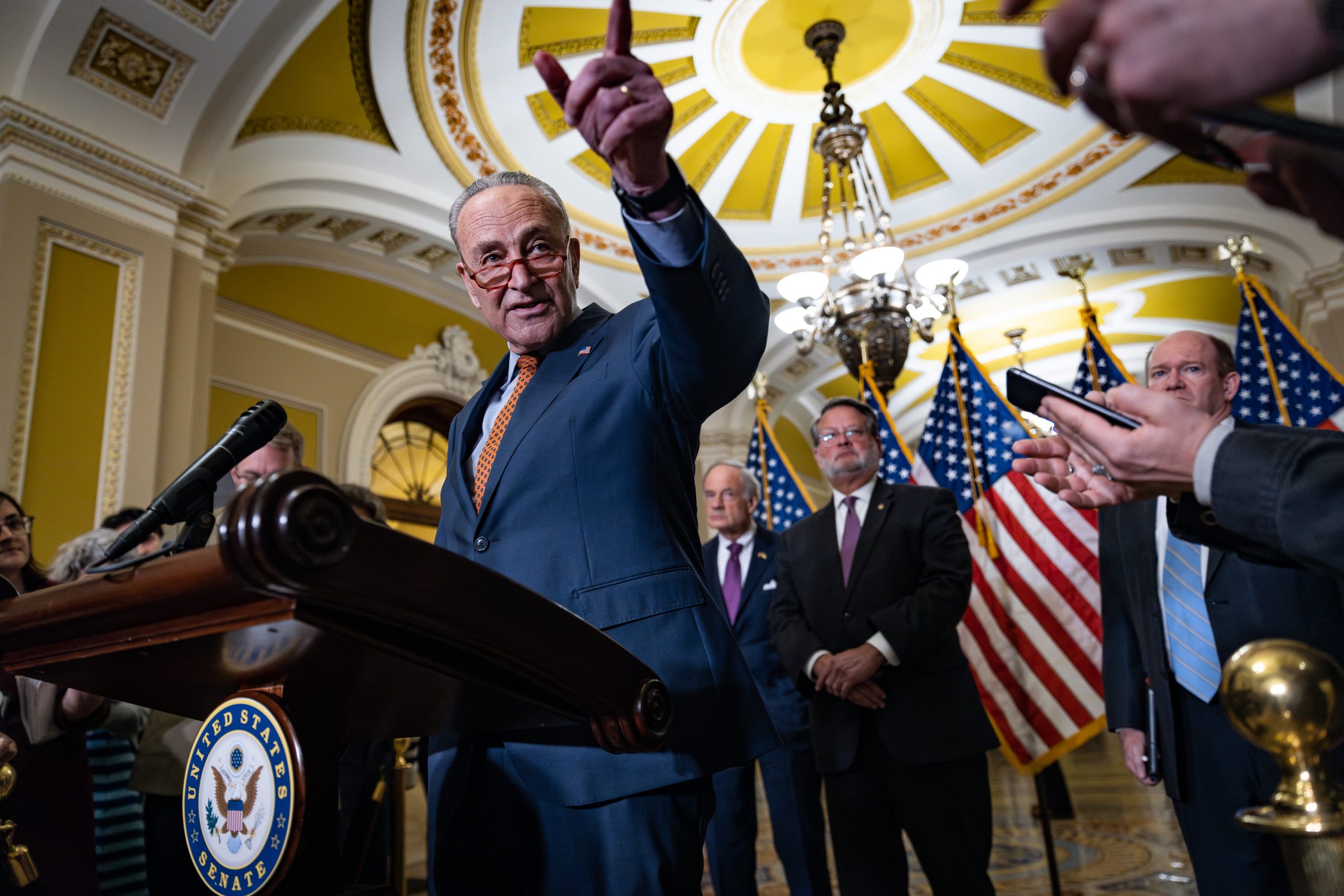 Senate Majority Leader Chuck Schumer (D-NY) takes questions from reporters during a press conference at the U.S. Capitol in Washington, DC. Senate Democratic committee leaders have rallied to find bipartisan consensus on expanding the CHIPS and Science Act in an effort to outcompete China. 