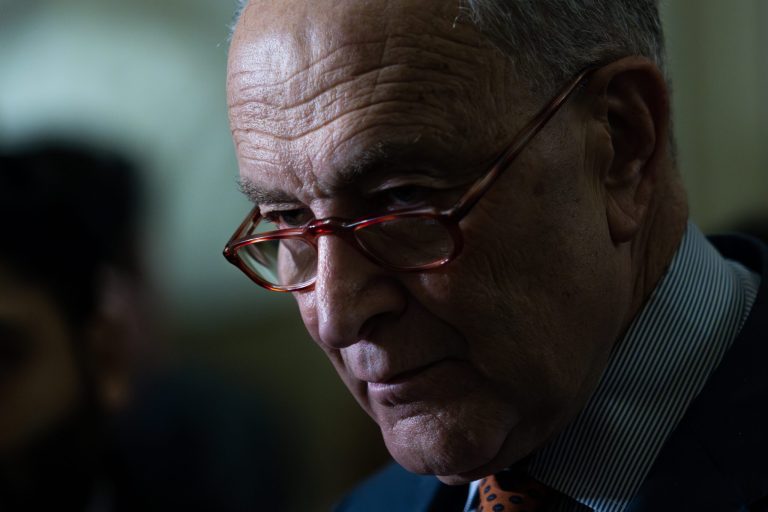 Senate Majority Leader Chuck Schumer, D-N.Y., is joined by Senate committee chairs as he tells reporters about legislation to strengthen U.S. jobs and manufacturing, especially in competition with China, at the Capitol in Washington, Wednesday, May 3, 2023.