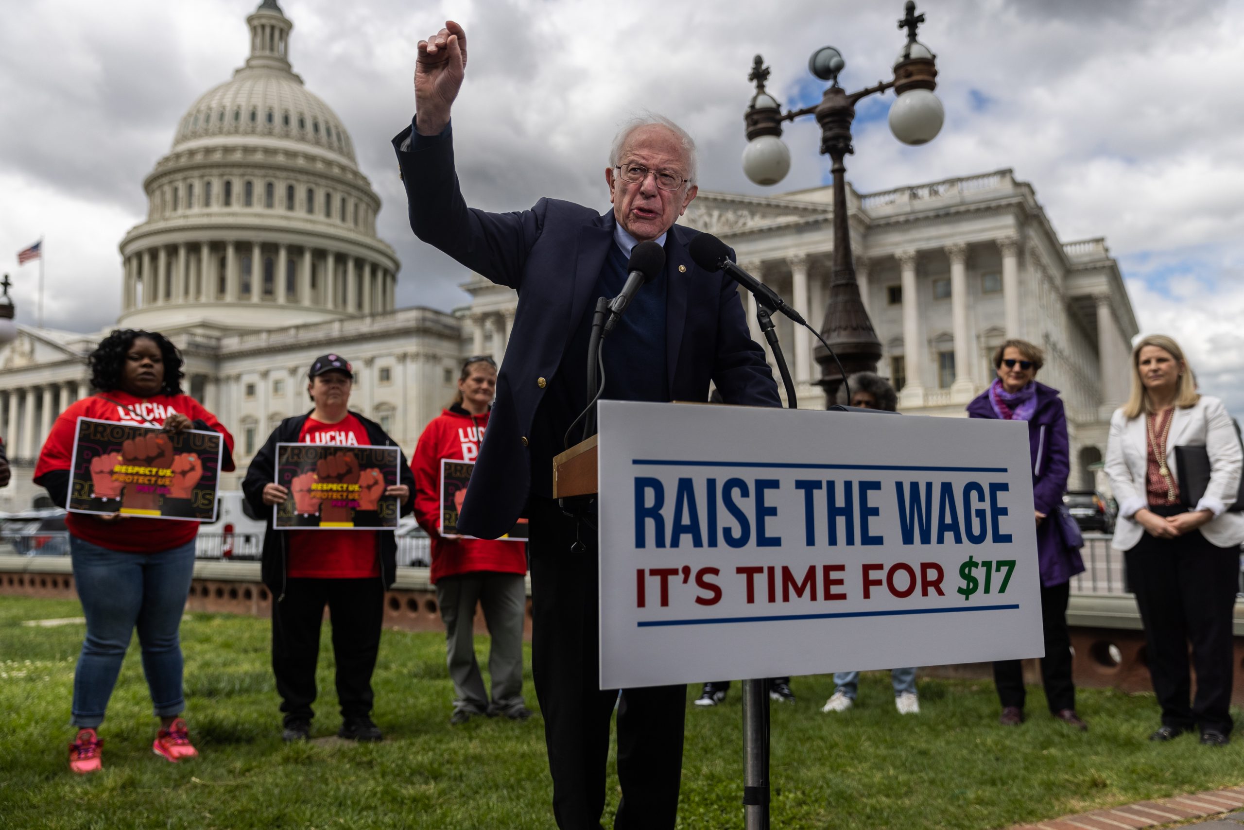 Sen. Bernie Sanders (I-VT) speaks at a press conference on raising the federal minimum wage outside the U.S. Capitol Building on May 04, 2023. Sanders announced his plan to introduce legislation that would raise the federal minimum wage to $17 an hour.