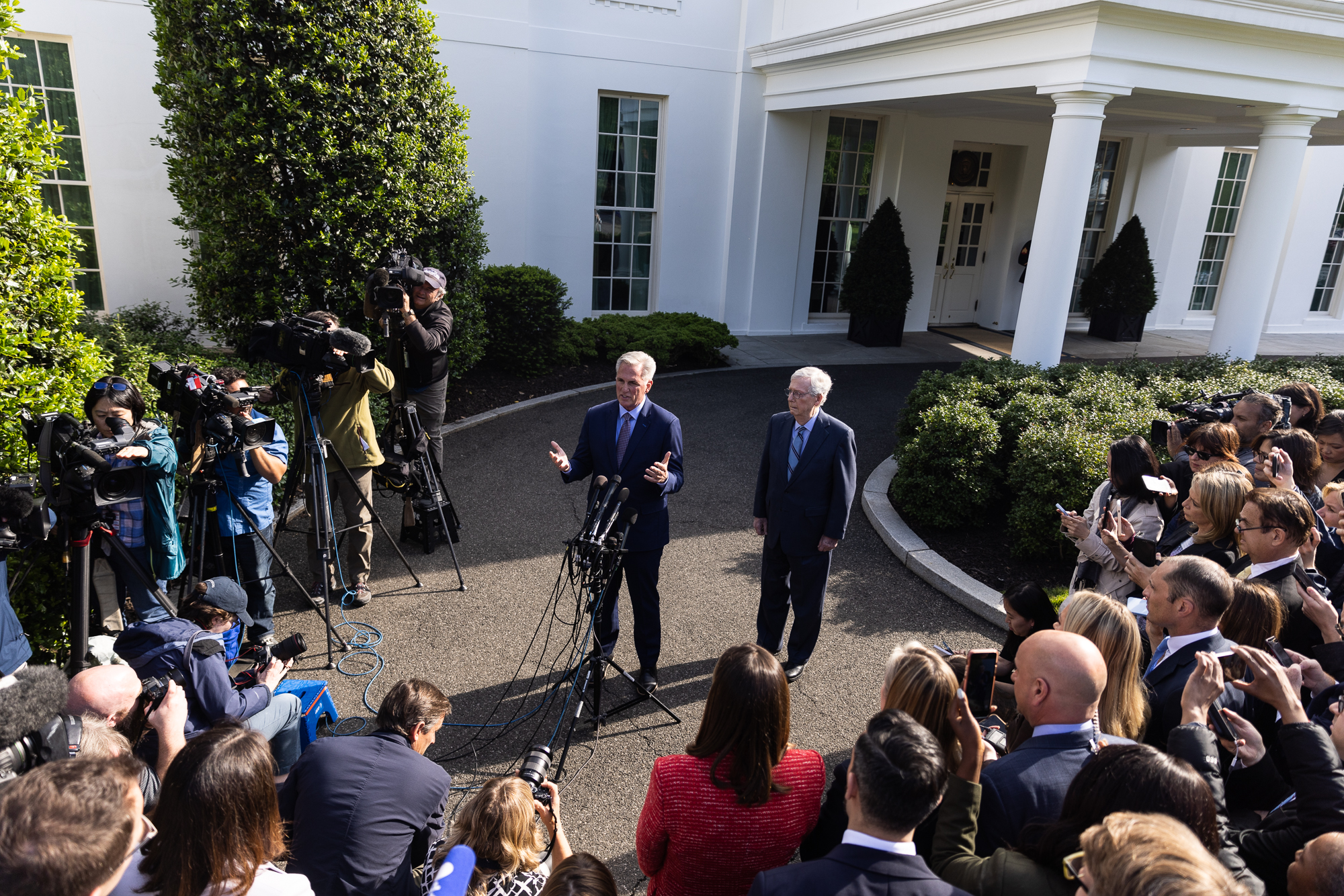 Speaker of the House Kevin McCarthy (R-CA) and Senate Minority Leader Mitch McConnell (R-KY) speak to the media during a press conference in front of the West Wing at the White House on May 9, 2023, in Washington, D.C. President Joe Biden met with Democratic and Republican leaders of the House and Senate to discuss debt ceiling negotiations. 