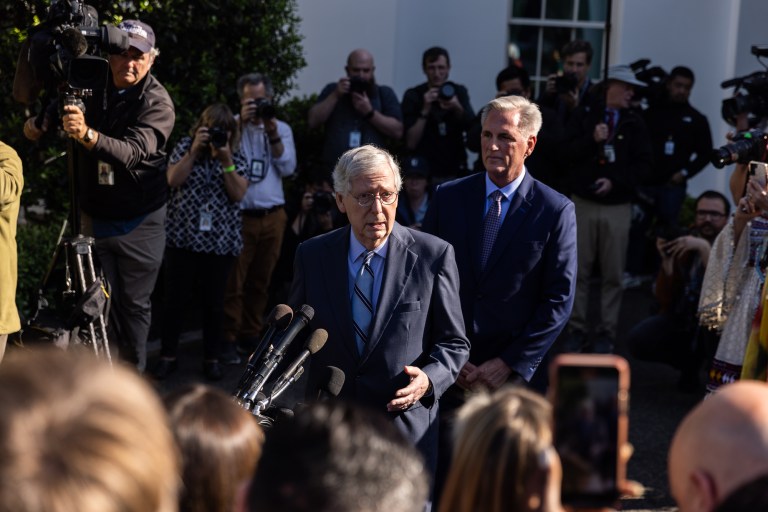 Speaker of the House Kevin McCarthy (R-CA) and Senate Minority Leader Mitch McConnell (R-KY) speak to reporters after meeting with President Joe Biden and Senate Majority Leader Charles E. Schumer (D-NY) and House Minority Leader Hakeem Jeffries (D-NY) at the White House on Tuesday, May 9, 2023 in Washington, DC. 
