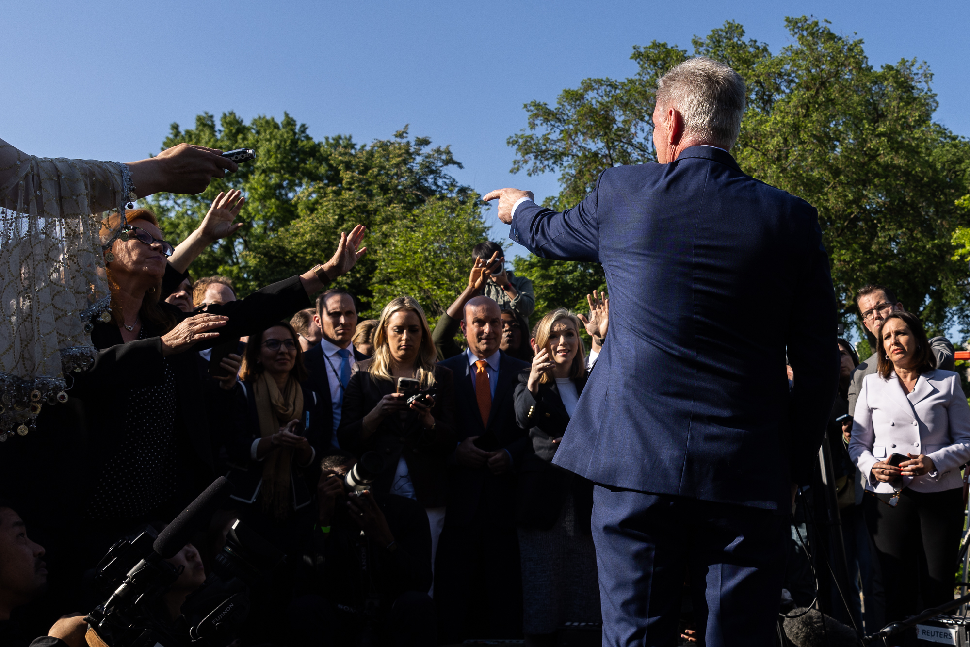 Speaker of the House Kevin McCarthy (R-CA) speaks to the media during a press conference in front of the West Wing at the White House on May 9, 2023, in Washington, D.C. President Joe Biden met with Democratic and Republican leaders of the House and Senate to discuss debt ceiling negotiations. 