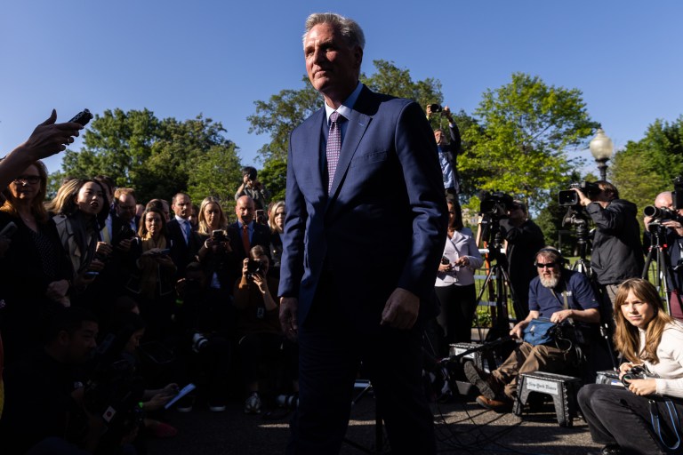 Speaker of the House Kevin McCarthy (R-CA) and Senate Minority Leader Mitch McConnell (R-KY) speak to reporters after meeting with President Joe Biden and Senate Majority Leader Charles E. Schumer (D-NY) and House Minority Leader Hakeem Jeffries (D-NY) at the White House on Tuesday, May 9, 2023 in Washington, DC. 