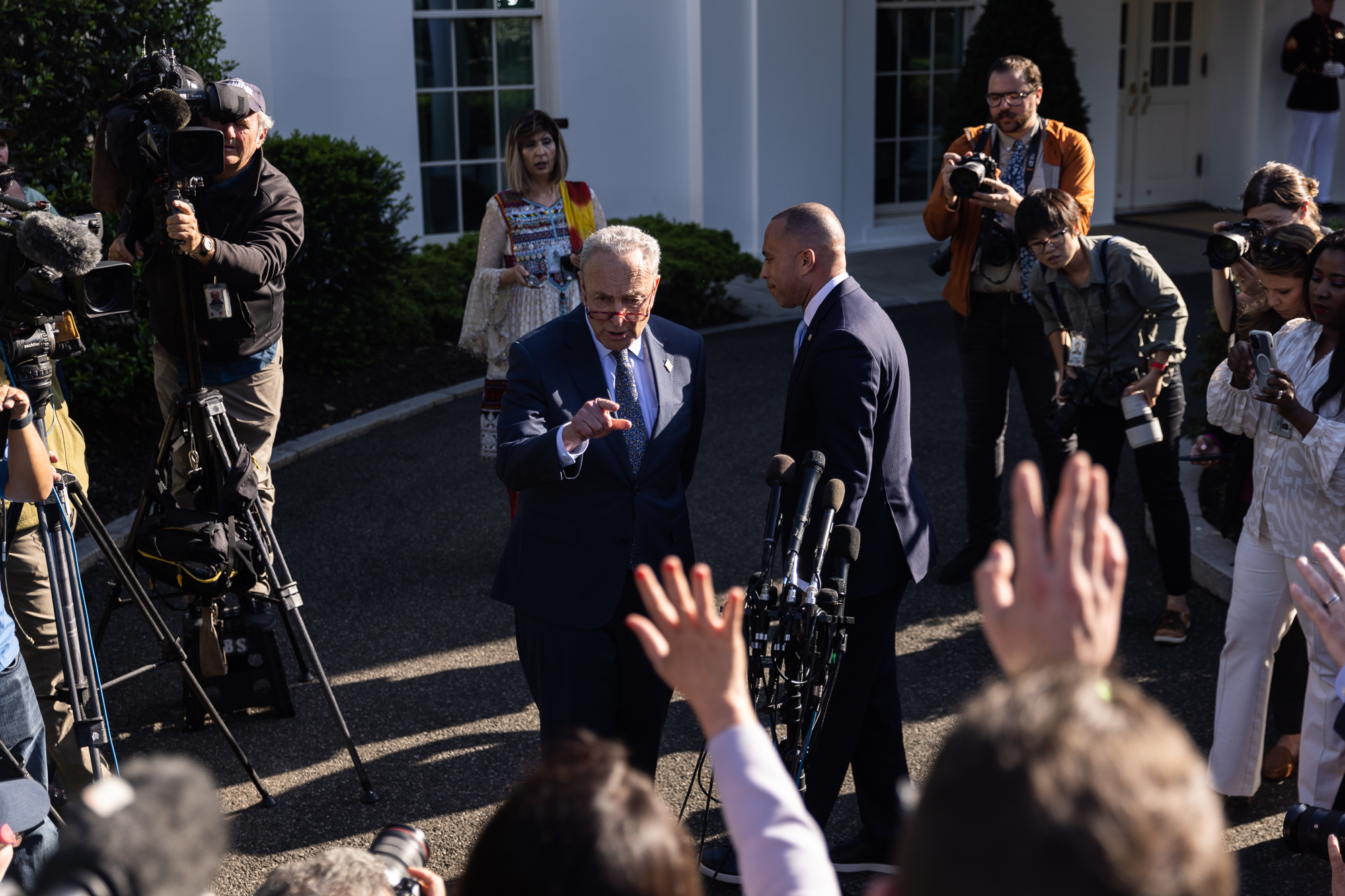 Senate Majority Leader Chuck Schumer (D-NY) and House Minority Leader Hakeem Jeffries (D-NY)
speak to the media during a press conference in front of the West Wing at the White House on May 9, 2023, in Washington, D.C. President Joe Biden met with Democratic and Republican leaders of the House and Senate to discuss debt ceiling negotiations. 