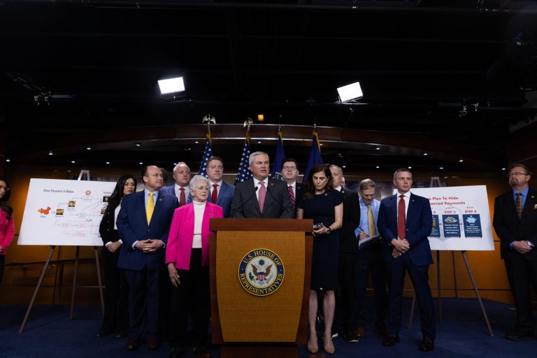 House Oversight and Accountability Committee Chairman James Comer (R-KY) and other Republican members of the committee hold a news conference to present preliminary findings into their investigation into President Joe Biden's family on May 10, 2023 in Washington, DC. The committee presented bank records they claim are examples of influence peddling by members of the Biden family. Committee member Rep. Nancy Mace (R-SC) said that the Department of Justice 