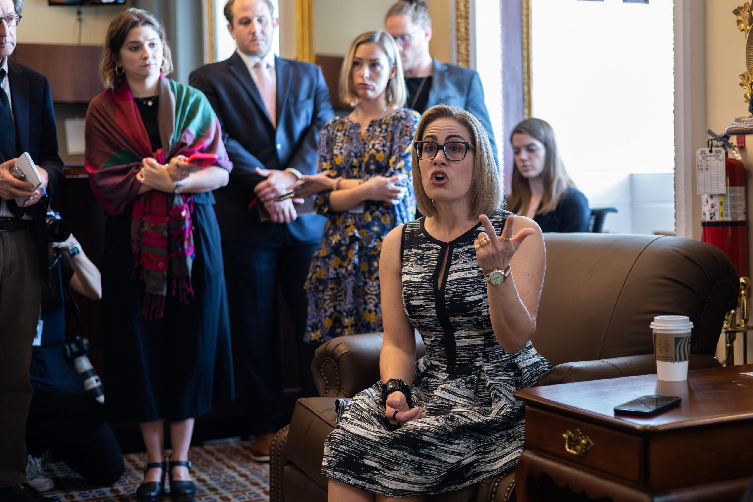 Sen. Kyrsten Sinema (D-AZ) speaks during a pen and pad session with reporters about Title 42, on Capitol Hill, Thursday, May 11, 2023