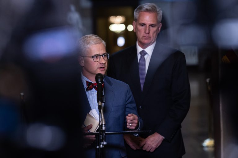 Rep. Patrick McHenry, R-N.C., left, chairman of the House Financial Services Committee, joins Speaker of the House Kevin McCarthy, R-Calif., right, as they to with reporters following their discussions at the White House with President Joe Biden on the impasse over the government's debt ceiling, at the Capitol in Washington, Monday evening, May 22, 2023.