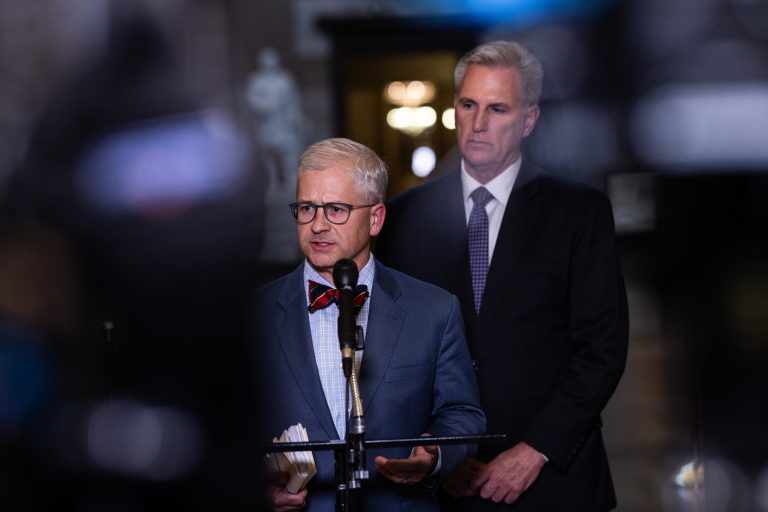 Chairman of the House Financial Services Committee Rep. Patrick McHenry (R-NC), accompanied by Speaker of the House Kevin McCarthy (R-CA), talks to reporters outside his office at the Capitol in Washington, May 22, 2023, following a meeting at the White House with President Joe Biden on the government's debt ceiling. McHenry has been a top negotiator in an attempt to find an agreement.