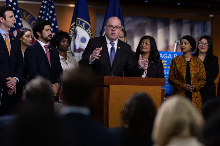 Rep. Jim McGovern (D-MA) speaks during a news conference alongside other members of the Congressional Progressive Caucus (CPC) to discuss the debt ceiling negotiations, on Capitol Hill, on May 24, 2023. During his remarks, McGovern criticized the House Republican debt ceiling bill and said 