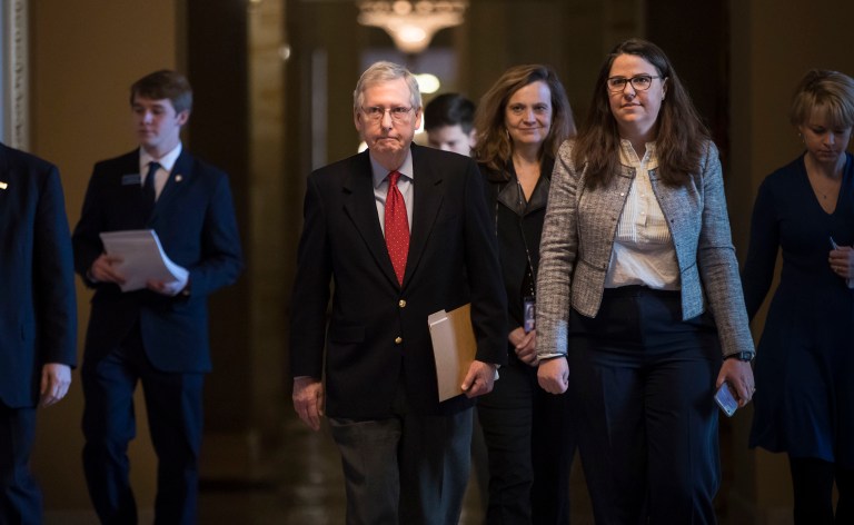 Majority Leader Mitch McConnell, R-Ky., announced late Saturday that Democratic objections to speedy consideration of the Feb. 8 measure means the Senate will vote on the bill Monday morning at 1 a.m. (AP Photo/J. Scott Applewhite)