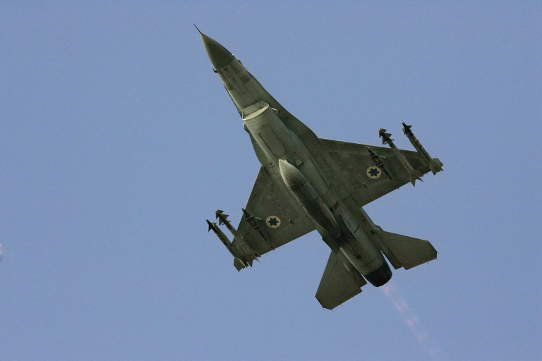 An Israeli Air Force F-16 with a missile shot down a Hamas drone on its way from Gaza toward Israeli airspace. (AP Photo/Ariel Schalit, File)