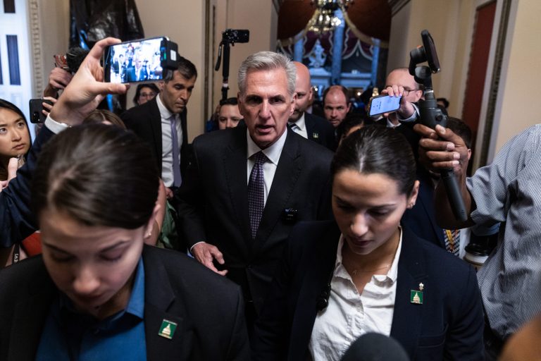 Speaker of the House Kevin McCarthy (R-CA) talks to reporters as he walks to his office at the U.S. Capitol on May 31, 2023 in Washington, DC. The House of Representatives is expected to vote on The Fiscal Responsibility Act, legislation negotiated between the White House and House Republicans to raise the debt ceiling until 2025 and avoid a federal default.