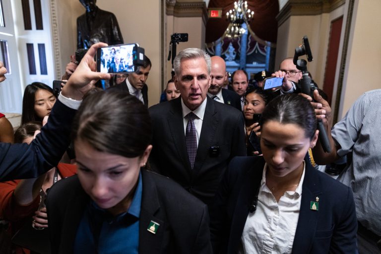 Speaker of the House Kevin McCarthy (R-CA) talks to reporters as he walks to his office at the U.S. Capitol on May 31, 2023 in Washington, DC. The House of Representatives is expected to vote on The Fiscal Responsibility Act, legislation negotiated between the White House and House Republicans to raise the debt ceiling until 2025 and avoid a federal default.