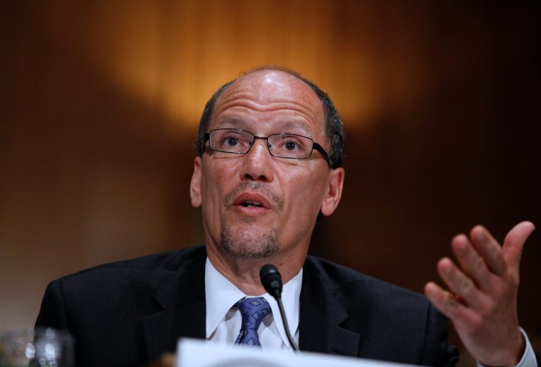 Labor Secretary nominee Thomas Perez testifies on Capitol Hill in Washington, Thursday, April 18, 2013, before the Senate Health, Education, Labor and Pensions Committee hearing on his nomination. Perez sought to assure senators Thursday that he would approach the job with an open mind and a willingness to work with business and labor groups alike to create new jobs.  (AP Photo/Molly Riley)