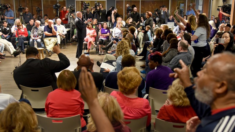 Rep. Tom MacArthur, who played a key role in helping the GOP-led U.S. House pass an Affordable Care Act replacement bill faced angry voters at a town hall Wednesday, with charged questions about healthcare and President Trump. (Tom Gralish/The Philadelphia Inquirer via AP)