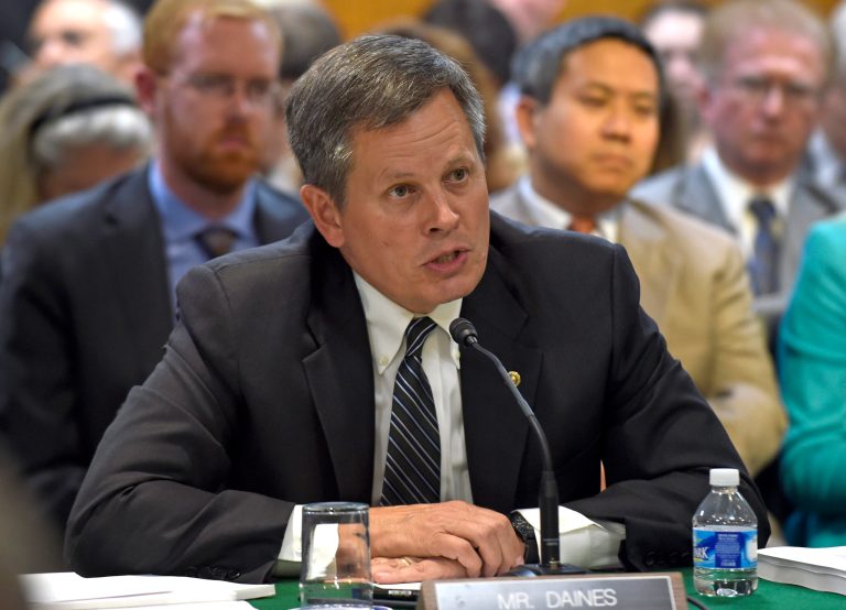 Sen. Steve Daines, R-Mont., speaks during the Senate Appropriations State, Foreign Operations and Related Programs Subcommittee markup of the State, Foreign Operations, and Related Programs Appropriations Act for Fiscal Year 2016 on Capitol Hill in Washington, Tuesday, July 7, 2015. (AP Photo/Susan Walsh)