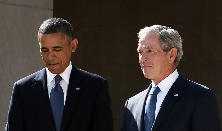 President Barack Obama and former President George W. Bush arrive at the opening ceremony of the George W. Bush Presidential Center April 25, 2013 in Dallas, Texas. (Photo by Alex Wong/Getty Images)