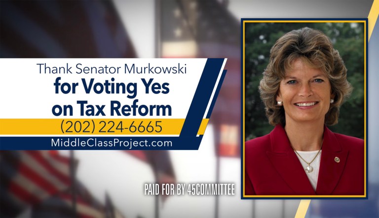 The ad, backed by the nonprofit 45Committee group funded by Republican donors, also cites Murkowski's 