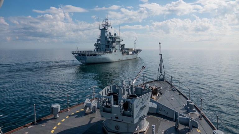 Lithuanian Navy LNS Skalvis conducts a replenishment at sea procedure with German Navy FGS Donau during BALTOPS 2020, NATO's premier annual maritime-focused exercise in the Baltic region.