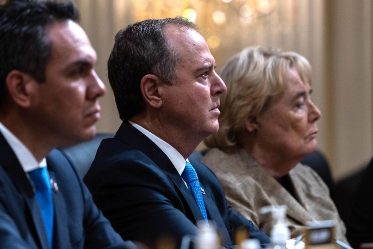 From left to right: Rep. Pete Aguilar (D-CA), Rep. Adam Schiff (D-CA), and Rep. Zoe Lofgren (D-CA) are seen at Thursday's hearing on the Jan. 6 riot in Washington.