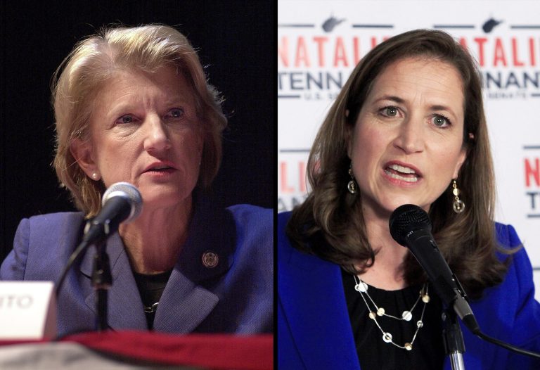 West Virginia Secretary of State Natalie Tennant's (right), the state's Democratic nominee for U.S. Senate, plan is to keep reminding voters that her opponent Rep. Shelley Moore Capito's (left) top donor in 2012, the law firm Sullivan & Cromwell, also hires lobbyists who work on banking issues. (AP Photo/Randy Snyder,Ron Agnir)