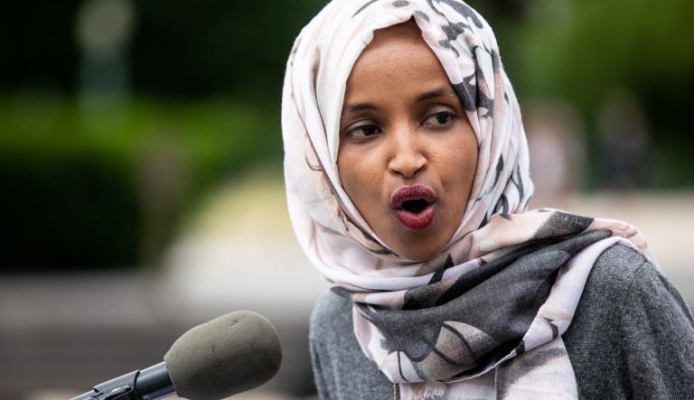 Congresswoman Ilhan Omar, D-MN, arrives at a news conference on Capitol Hill, Wednesday, June 19, 2019, to announce a bill to end student lunch debt shaming. 