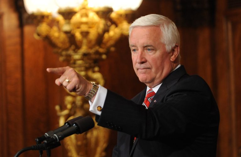 Pennsylvania Gov. Tom Corbett fields questions from the media during a news conference Thursday, July 10, 2014, in Harrisburg, Pa. Corbett, who signed state budget documents earlier in the day, is vetoing millions of dollars from the Legislature's budget and urging lawmakers to make a new effort to address public-sector pensions. (AP Photo/Bradley C Bower)