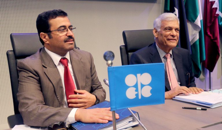 Mohammed Bin Saleh Al-Sada, Minister of Energy and Industry of Qatar, and President of the OPEC Conference, and OPEC's Secretary General Abdalla Salem El-Badri, from Libya, from left, wait for the start of the meeting in Vienna, Austria.Â (AP Photo)Â 