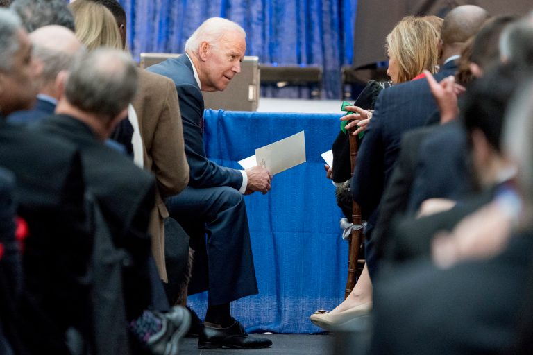 Former Vice President Joe Biden arrives for a ceremony for the unveiling of the official portraits for former President Barack Obama and former first lady Michelle Obama at the Smithsonian's National Portrait Gallery, Monday, Feb. 12, 2018, in Washington. (AP Photo/Andrew Harnik)