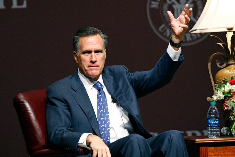 Former GOP presidential candidate Mitt Romney answers questions during a question-and-answer period following his address to the student body and guests in Starkville, Miss., Wednesday, Jan. 28, 2015. (AP Photo/Rogelio V. Solis)