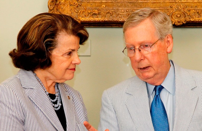 Sen. Dianne Feinstein, left, talks with Senate Majority Leader Mitch McConnell at the U.S. Capitol Building in Washington, DC. (Paul Morigi/Getty Images for Haspel)