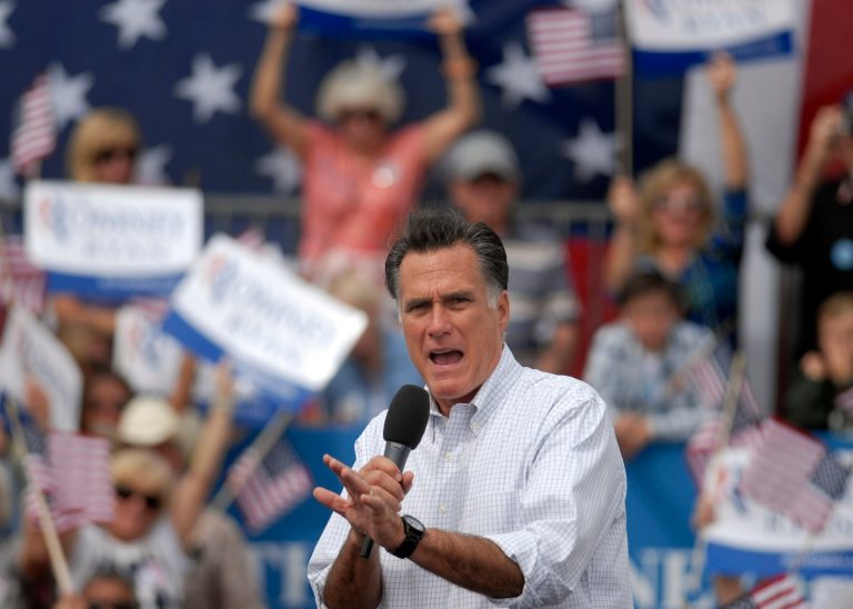 Republican presidential candidate Mitt Romney speaks at Pueblo Weisbrod Aircraft Museum in Pueblo, Colo., Monday, Sept. 24, 2012 during a campaign stop. (AP Photo/Bryan Oller)
