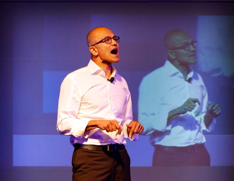 FILE - In this Tuesday, Sept. 30, 2014, file photo, Microsoft CEO Satya Nadella speaks to students at the Talent India 2014 program in New Delhi. Nadella's foot-in-mouth statement that women shouldn't ask for raises echoed throughout the tech industry and beyond Thursday, Oct. 9, 2014, earning him quick derisions on social media and leading to a later apology. (AP Photo/Manish Swarup, File)