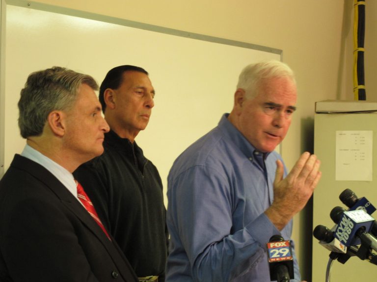   U.S. Rep. Pat Meehan R-Pa., speaks along with Reps. Rob Andrews, D-N.J., and Frank LoBiondo, R-N.J., at a news conference in Clarksboro, N.J. on Thursday, Dec. 6, 2012. The representatives say there should be a deeper look at the causes and aftermath of the Nov. 30 train derailment in Paulsboro, N.J. (AP Photo/Geoff Mulvihill)  