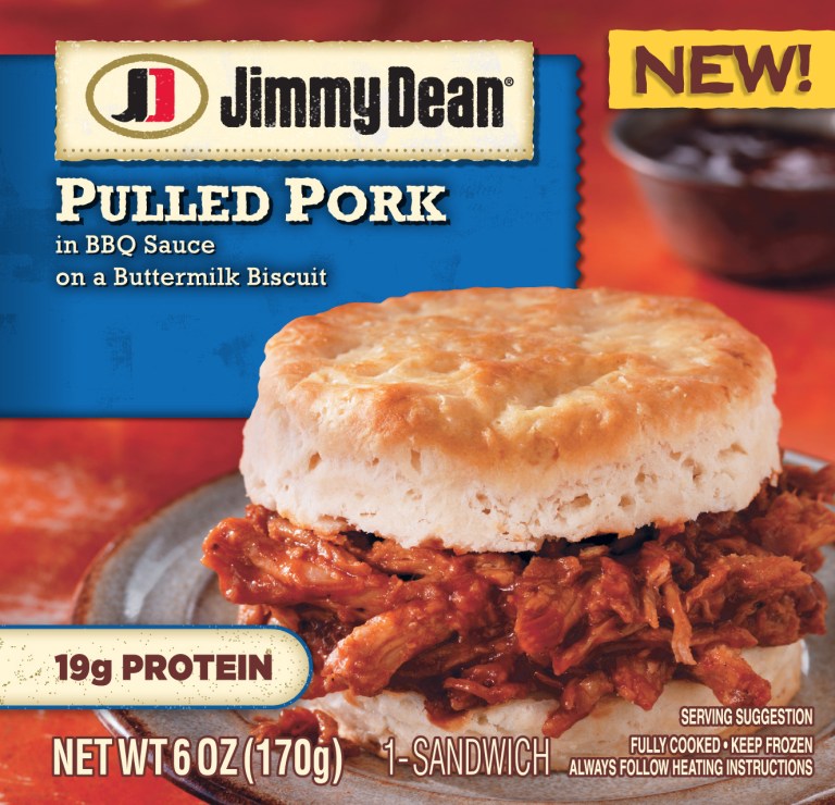 This photo provided by Hillshire Brands shows the packaging for a Jimmy Dean Pulled Pork sandwich. Jimmy Dean, the breakfast sausage brand started by the late country singer of the same name, is hoping its new bowls and sandwiches can lure eaters at other meals. (AP Photo/Hillshire Brands)