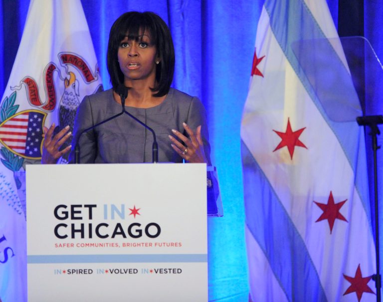 First lady Michelle Obama speaks about 15-year-old Hadiya Pendleton who was shot and killed on the south side of Chicago earlier this year during a luncheon at the Chicago Hilton in Chicago, Wednesday, April 10, 2013. The first lady is visiting Chicago for a discussion with Chicago Mayor Rahm Emanuel and civic leaders on ways to combat youth violence. (AP Photo/Paul Beaty)