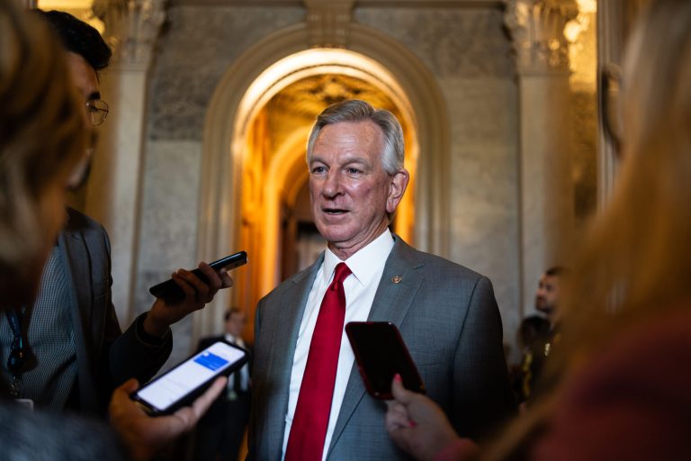 Sen. Tommy Tuberville (R-AL) speaks to the press after a confirmation hearing for Air Force Gen. Charles Brown in the Dirksen Senate Office Building on July 11, 2023, on Capitol Hill in Washington, D.C. 