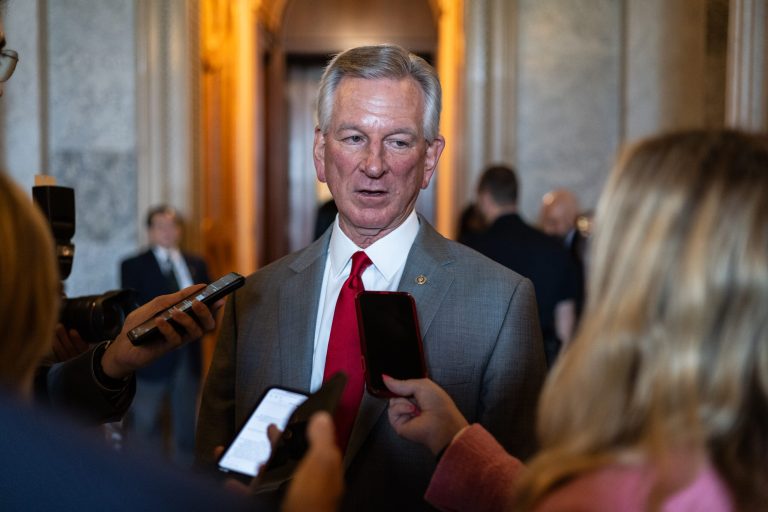 U.S. Sen. Tommy Tuberville (R-AL) speaks to the press after a confirmation hearing for Air Force General Charles Brown in the Dirksen Senate Office Building on July 11, 2023 on Capitol Hill in Washington, DC. 