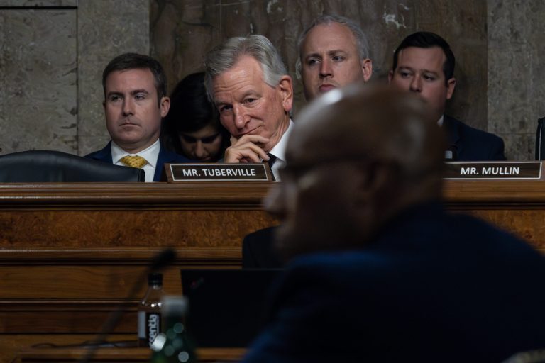 U.S. Sen. Tommy Tuberville (R-AL) listens during a confirmation hearing for Air Force General Charles Brown in the Dirksen Senate Office Building on July 11, 2023 on Capitol Hill in Washington, DC. 