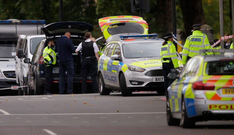 Several pedestrians were injured Saturday after a car collision onto the sidewalk near London's Natural History Museum, according to the city's police. (AP Photo/Alastair Grant)