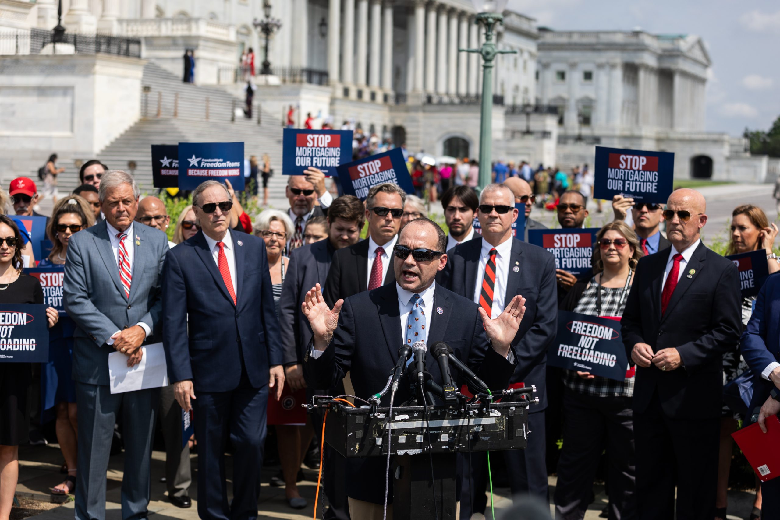 Rep. Bob Good (R-VA) speaks at a news conference on Fiscal Year spending, on Capitol Building on July 25, 2023. Members of the House Freedom Caucus have called on both the House and Senate to rein in federal spending. The current national debt is over $30 trillion.