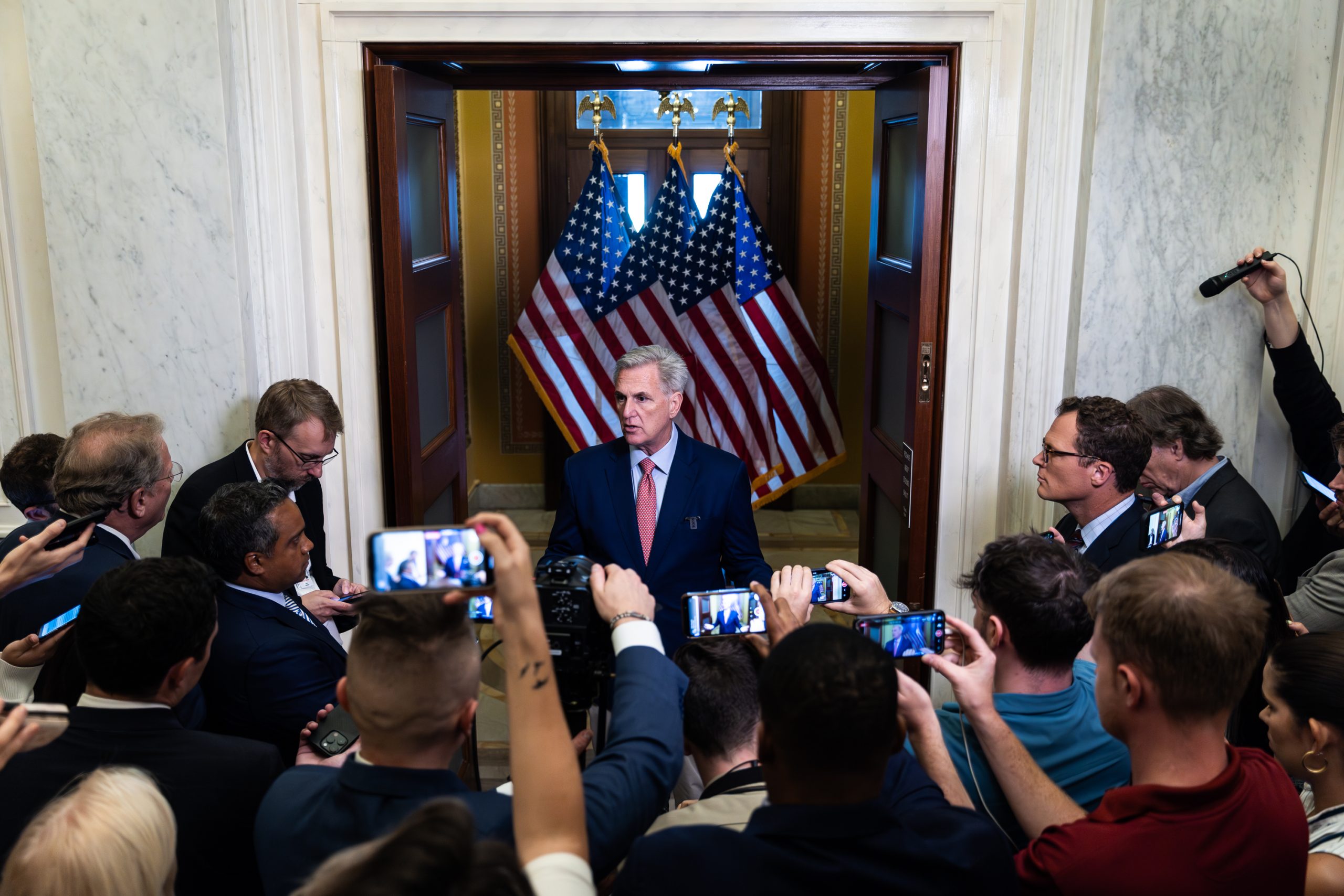 House Speaker Kevin McCarthy (R-CA) gaggles with reporters at the Capitol on July 25, 2023.